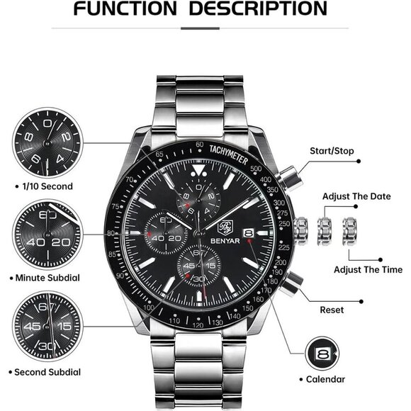 BY BENYAR Men's Silver Analog Quartz Chronograph Watch 30M Waterproof Luminous - Picture 3 of 8